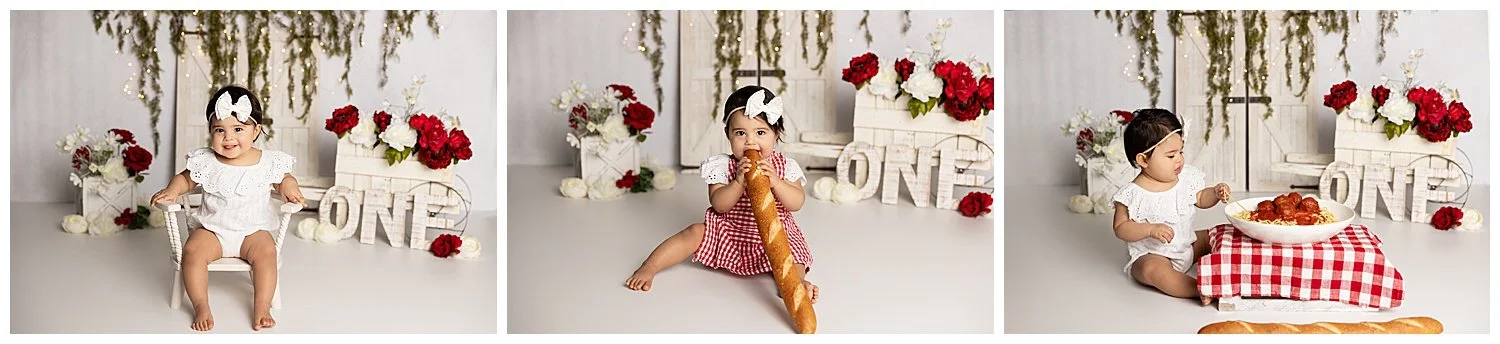 three photos of one year spaghetti smash in Austin TX photography studio