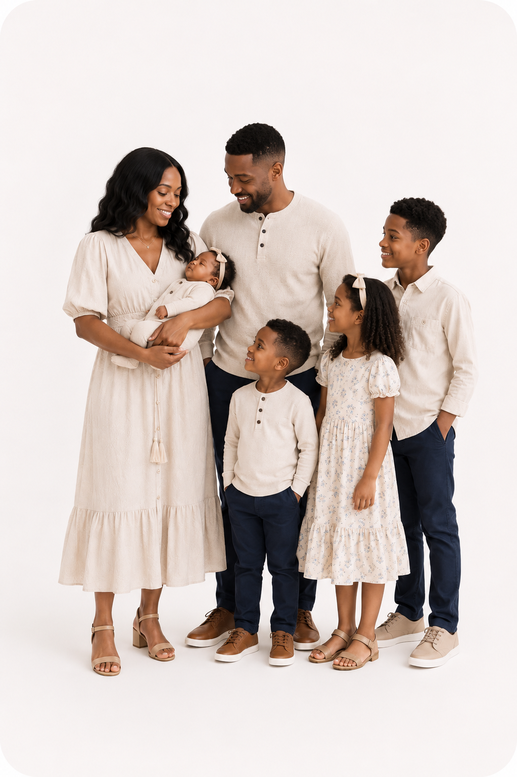 Navy and beige color palette for newborn family photography with coordinated outfits for parents and siblings.