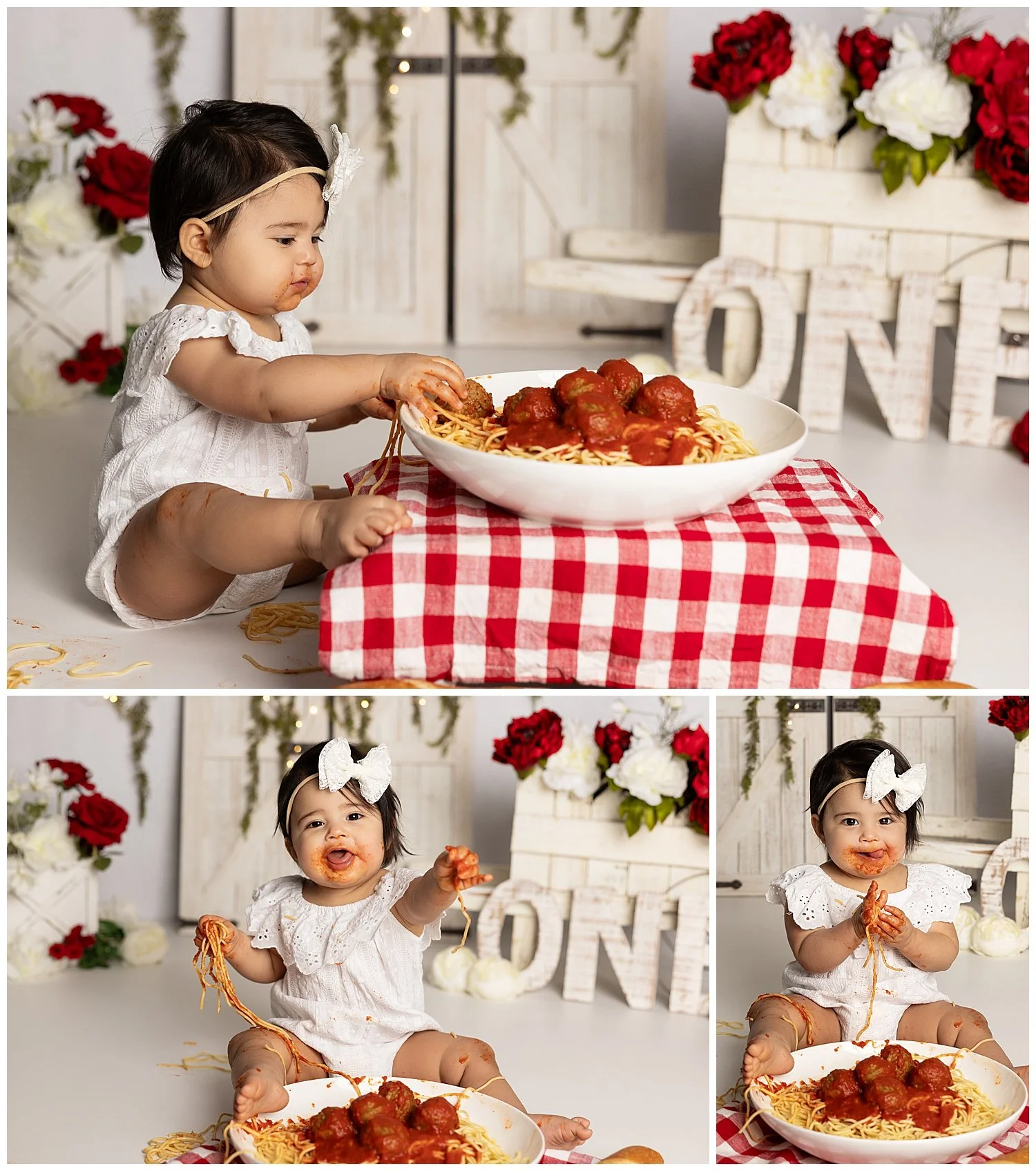 3 image collage of baby getting very messy eating spaghetti during one year photoshoot