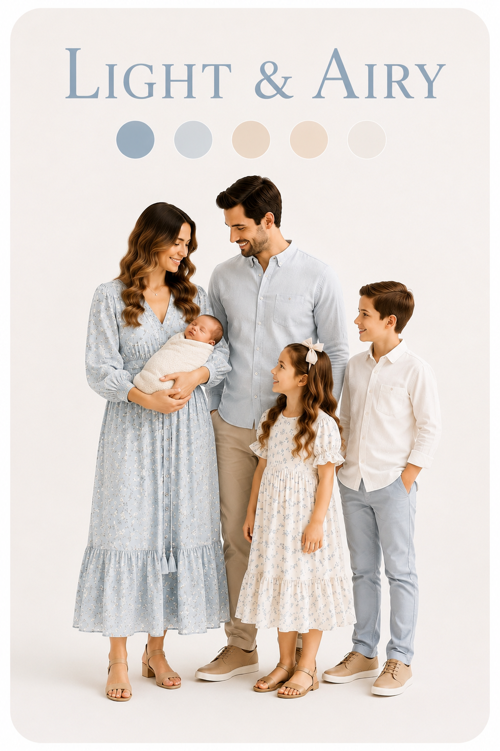 Light blue and cream outfit inspiration for newborn family photos featuring coordinated clothing for parents, siblings, and baby.