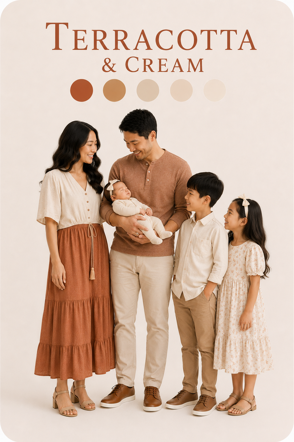 Terracotta and cream outfit inspiration for newborn family photos with coordinated neutral clothing and warm earth tones.