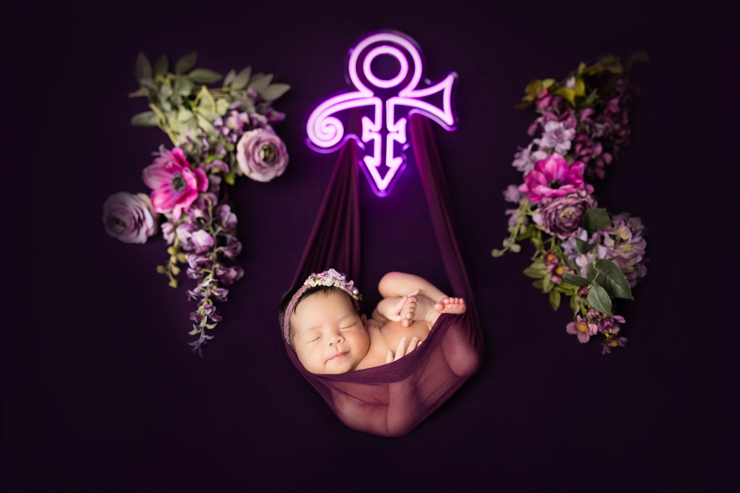 newborn baby girl in swaddle hanging from purple Prince symbol with flowers surrounding