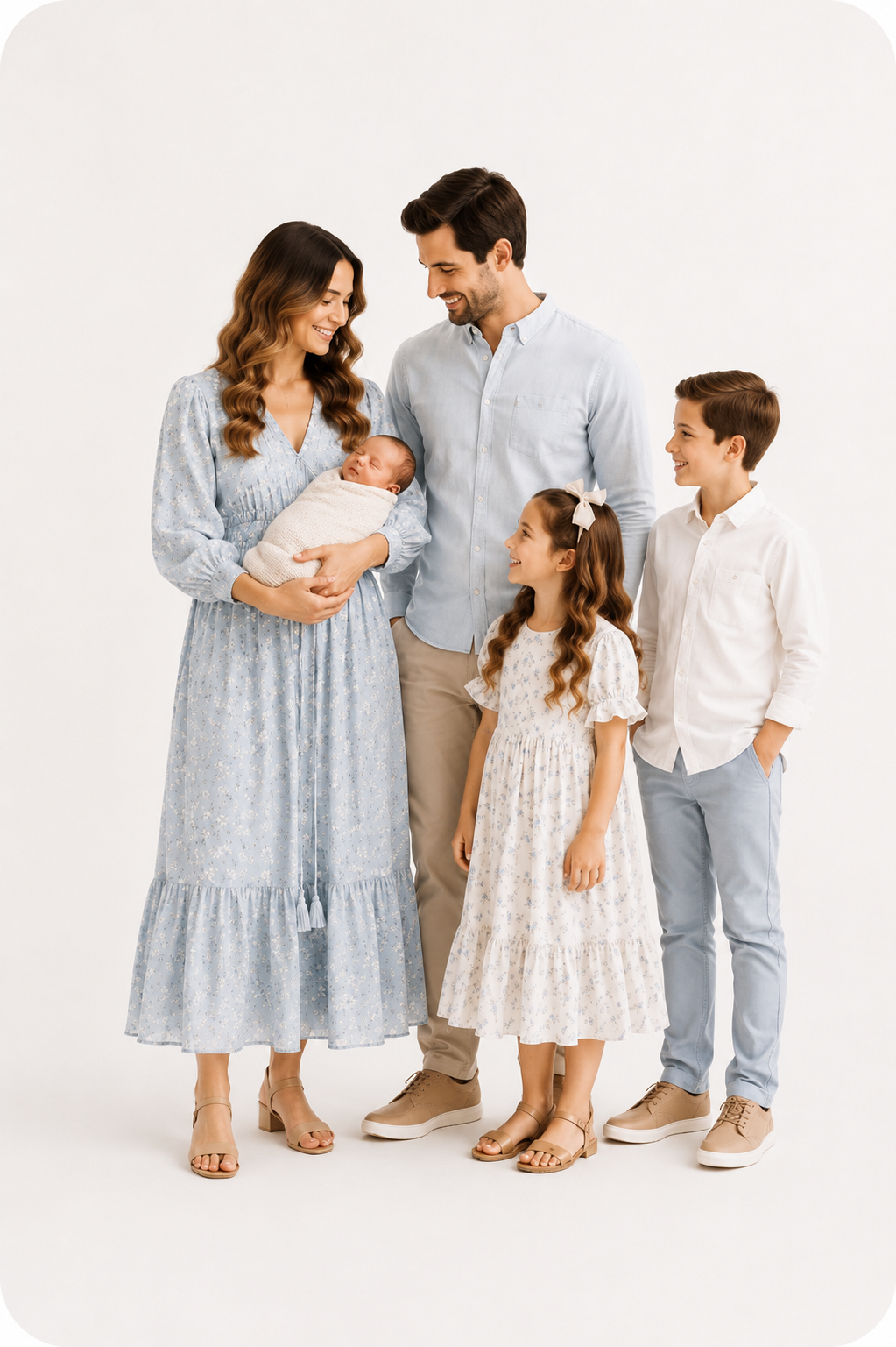 Light blue and cream outfit inspiration for newborn family photos featuring coordinated clothing for parents, siblings, and baby