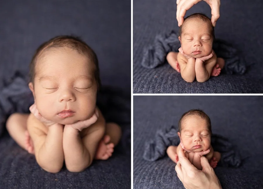 collage of 2 before images showing spotter's hands and the final edited image of a newborn boy in froggy pose