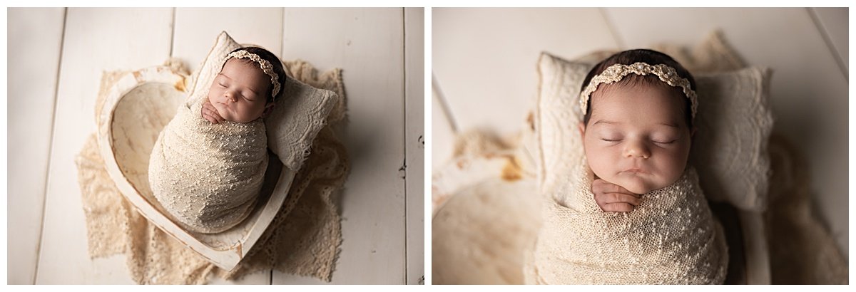 newborn posed in heart bowl neutral tones Austin studio newborn session