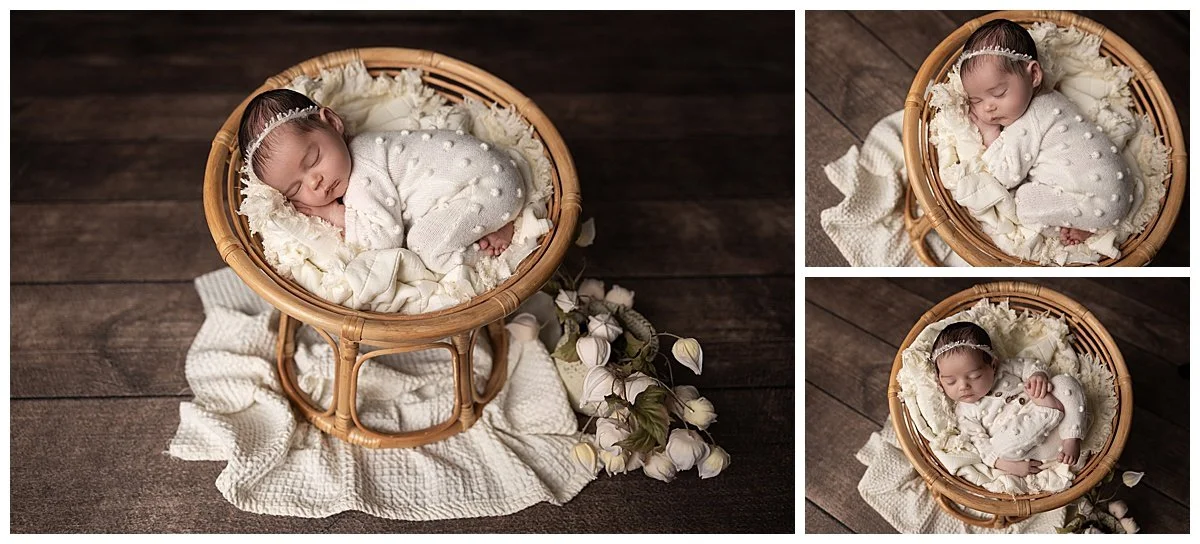 overhead newborn poses in basket with soft textures Austin newborn photographer
