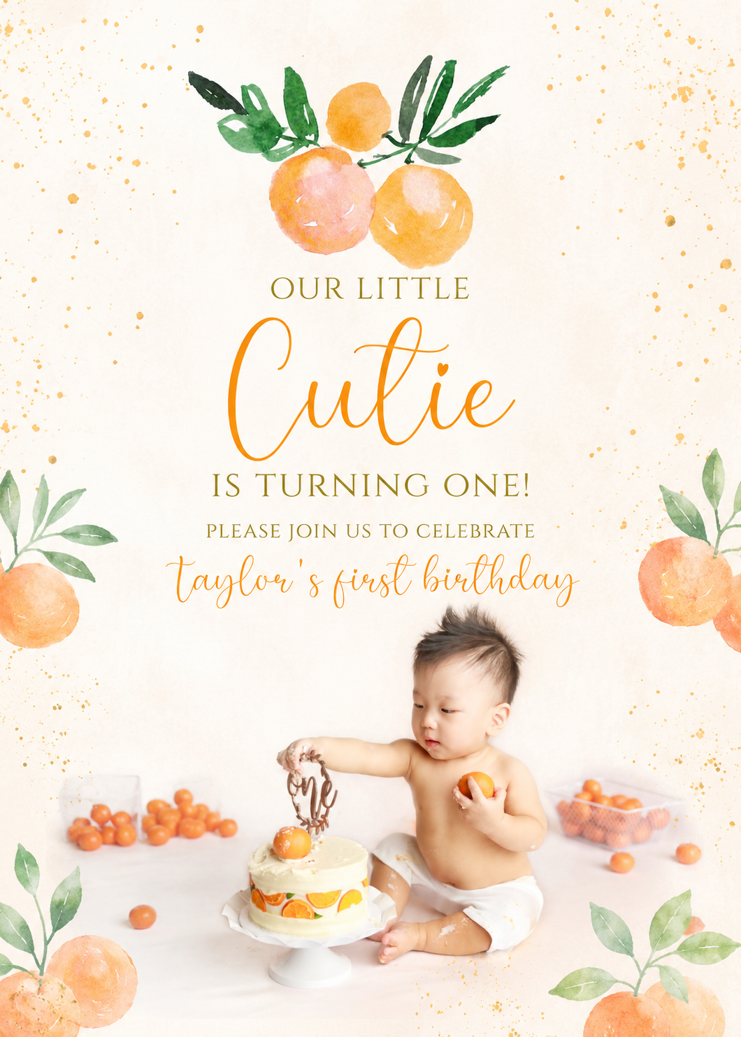Orange “Our Little Cutie is Turning One” birthday invitation featuring watercolor citrus artwork and a one year old boy during a citrus-themed cake smash session.