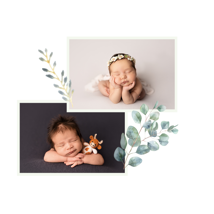 two photos with eucalyptus clipart newborn girl in froggy pose with floral headband baby boy holding UT Longhorn stuffie