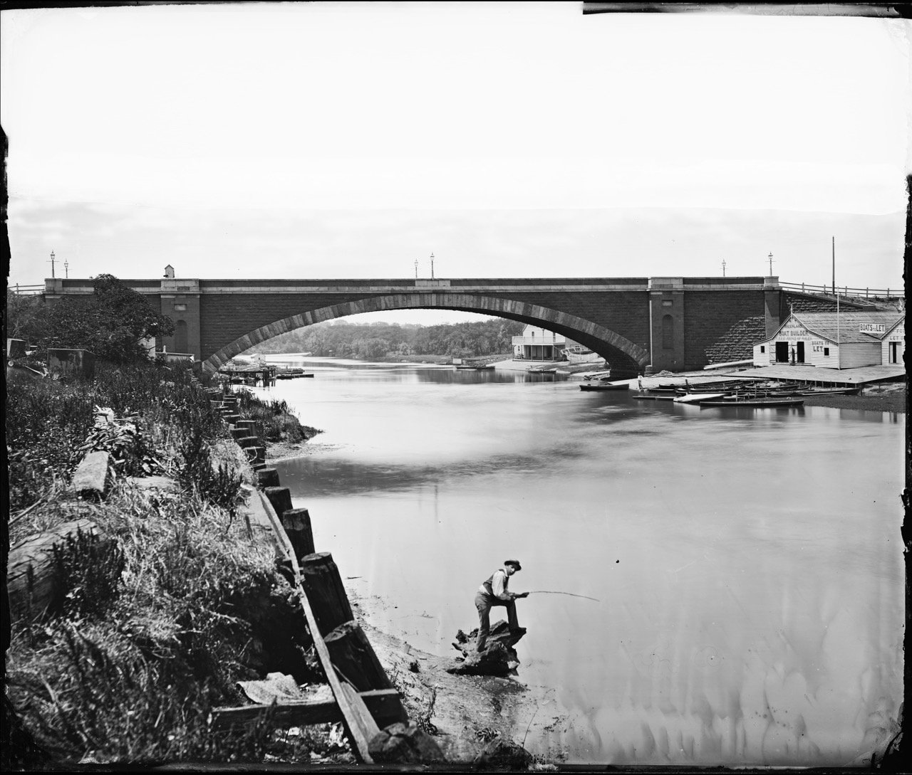 fishing Yarra River & (first) Princes Bridge, Melbourne 1875