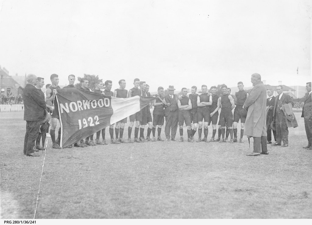 5th May 1923 at Norwood Oval. Norwood were presented with their 1922 premiership pennant at the half time break