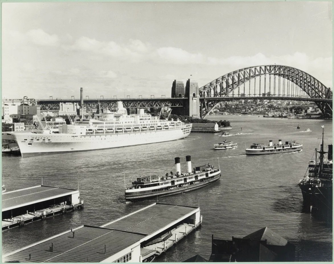 Liner Oriana at the International Terminal, Bridge and Manly ferries Dee Why and North Steyne, Circular Quay 1960's