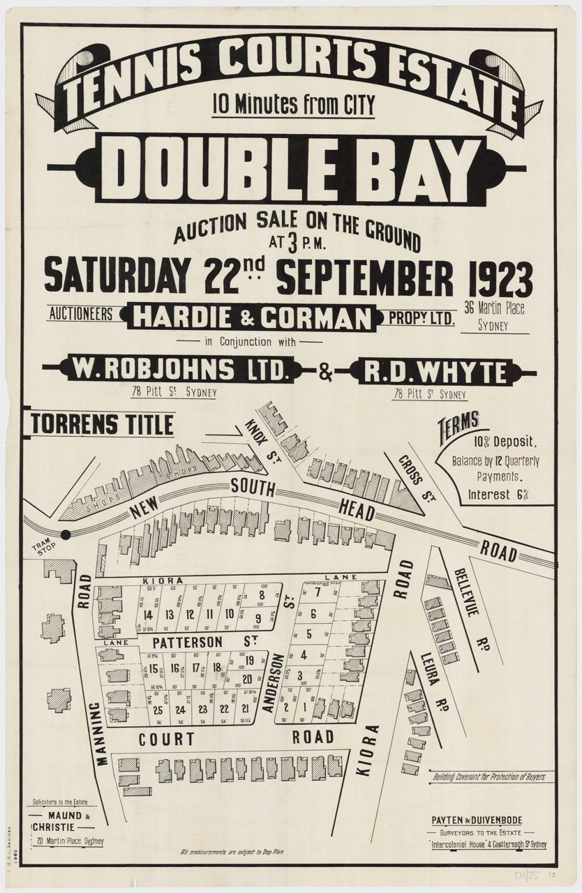 Tennis Courts Estate, Double Bay 1923