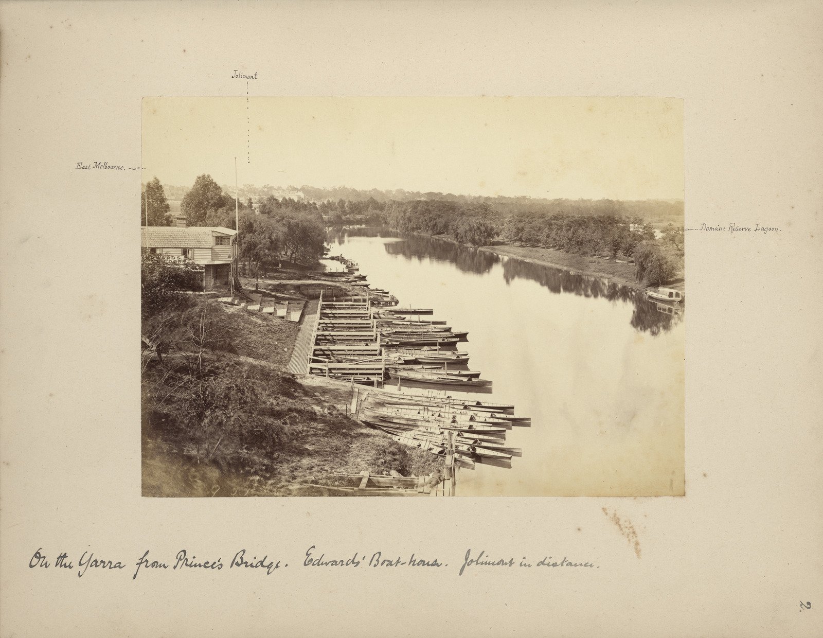 On the Yarra from Prince's Bridge. Edward's Boat-house. Jolimont in distance. 1880