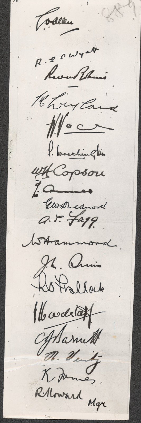 Autographs of the English touring party for the 1936-1937 test cricket series in Australia 1936
