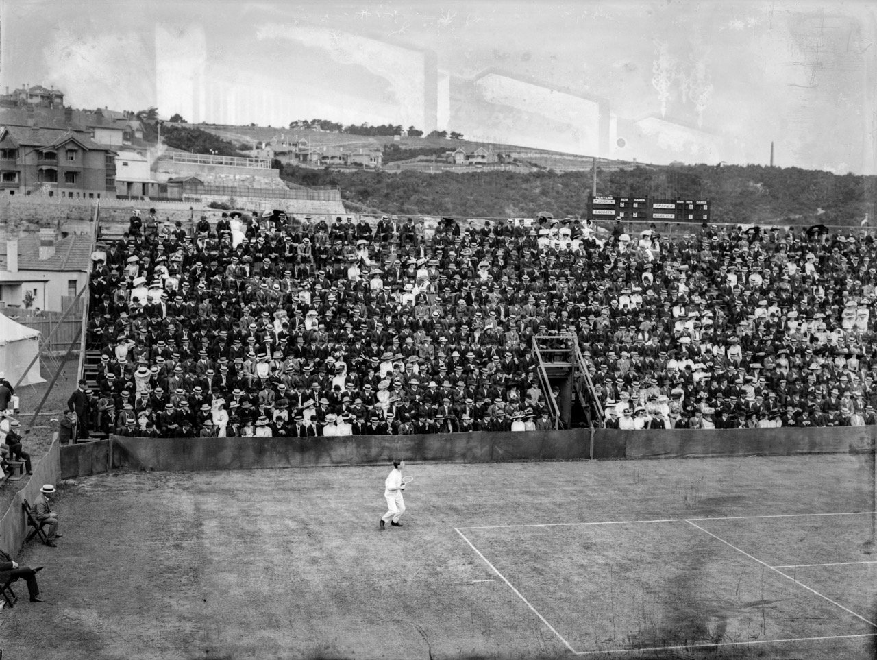 Outdoor tennis match with player, Double Bay Sydney, 1890