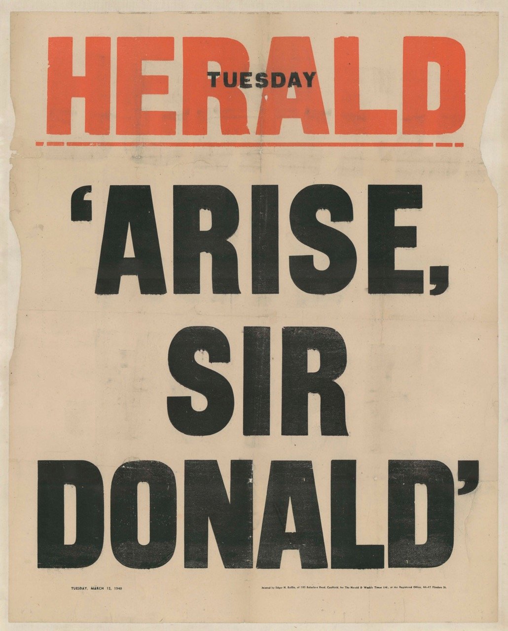 Arise, Sir Donald, Herald, 15 March 1949