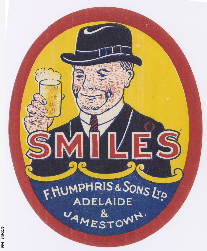 A label for 'Smiles' drink, made by F. Humphris & Sons Ltd., Adelaide and Jamestown 1902-1932