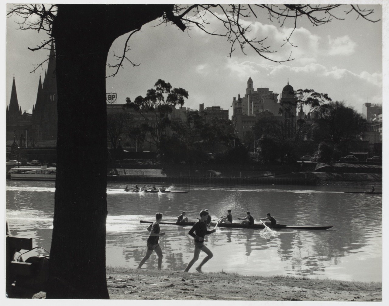 Rowing teams on the Yarra with the City background, late 1950's 2
