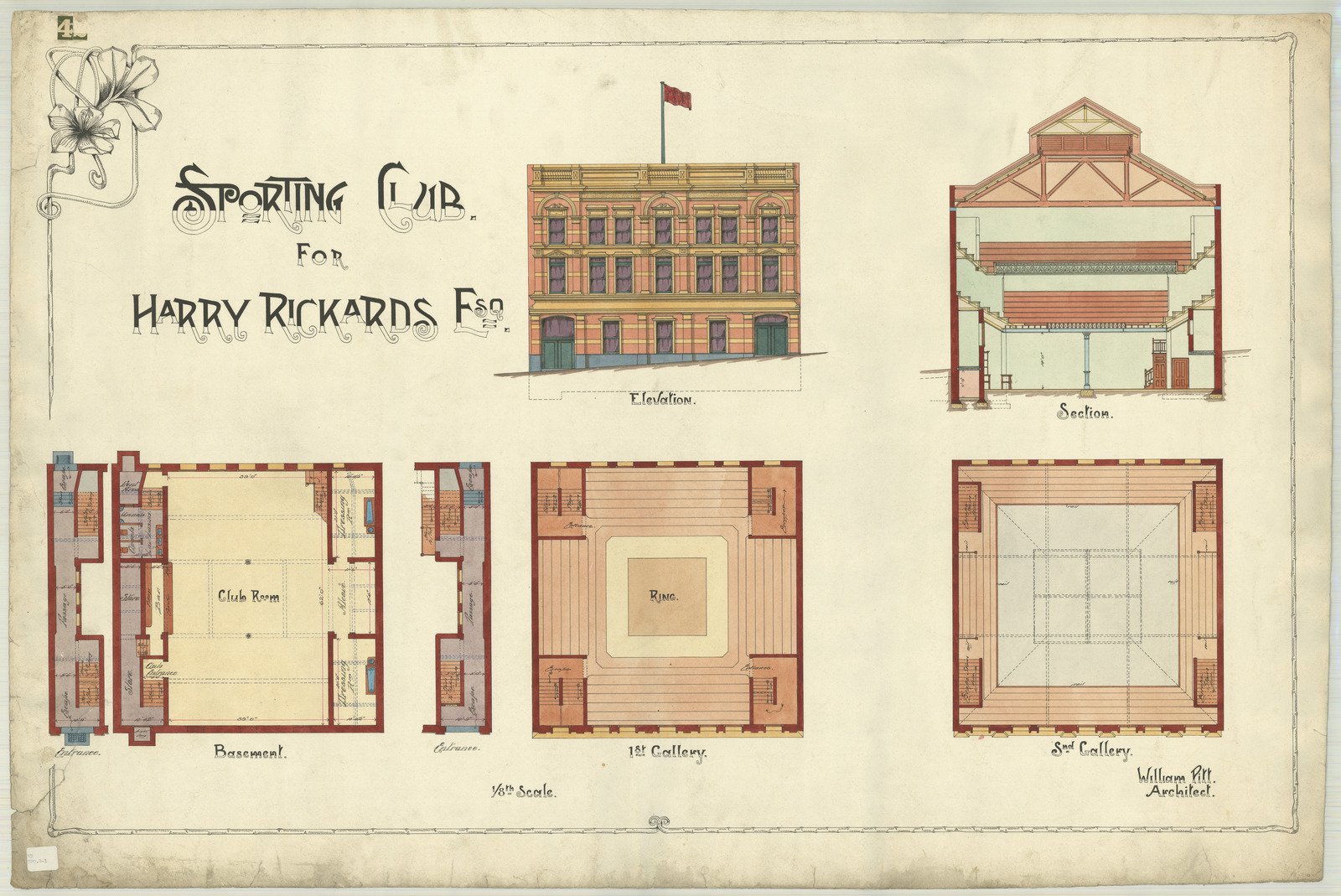 Drawings and plans of proposed sporting club for Harry Rickards, showing a ring and two viewing galleries 1890s