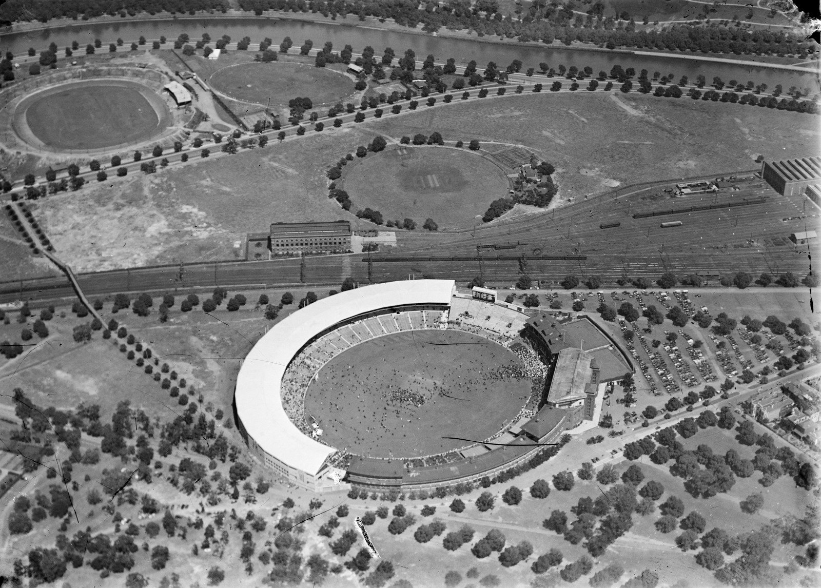 Melbourne Cricket Ground (MCG) looking towards Yarra River 1935