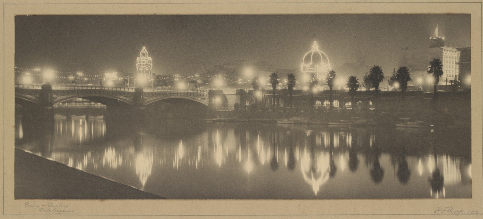 Looking towards Princes Bridge and Flinders Street Station during Duke and Duchess of York celebration 1927