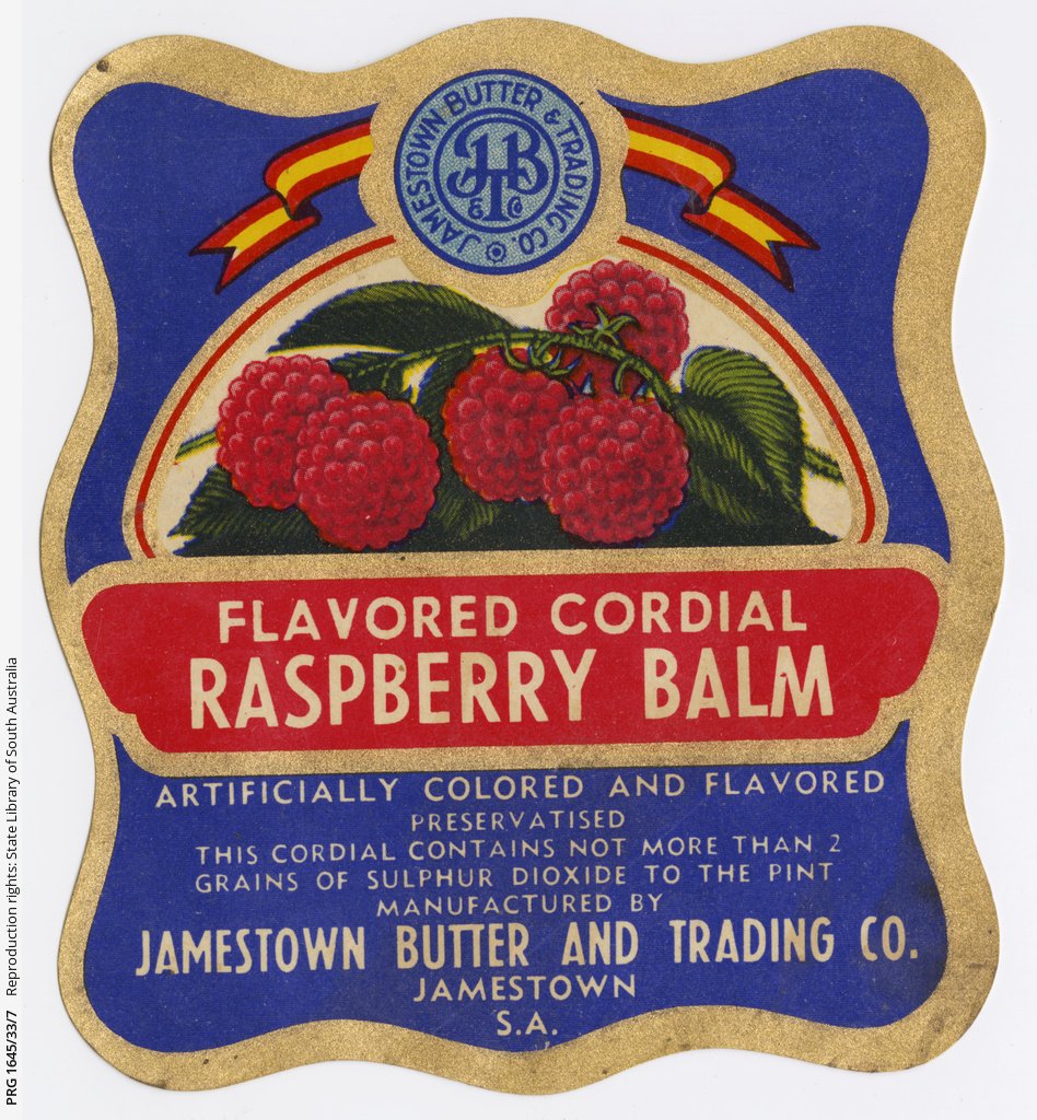 'Flavored cordial, raspberry balm' label 1932-46