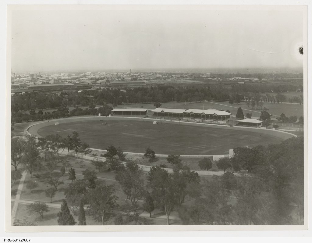 Adelaide Oval 1902 Looking southwest from the Cathedral with Adelaide Oval and its grandstands in the foreground