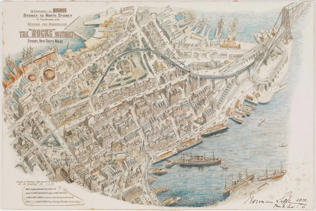 Approaches to bridge Sydney to North Sydney in combination with scheme for remodelling the "Rocks" district / aerial view of remodelling proposal 1891