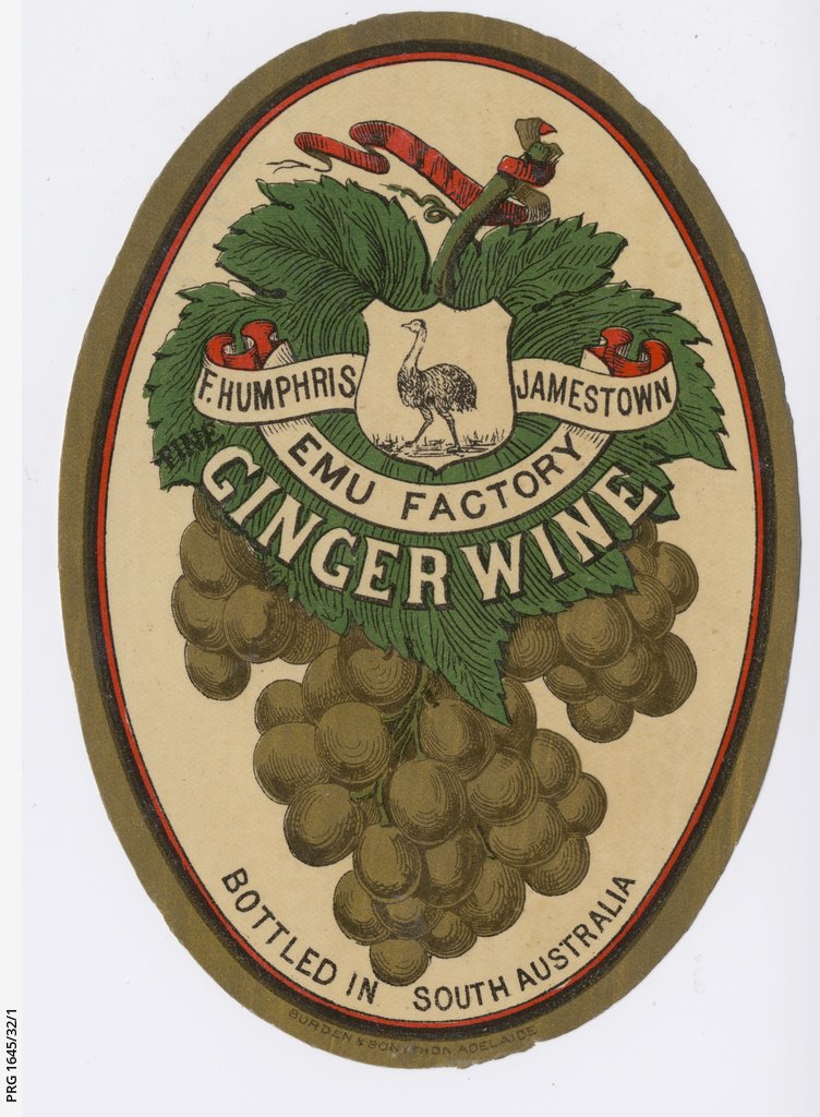 A bottle label for 'Ginger Wine', made by F. Humphris, Jamestown, Emu Factory 1902-1932