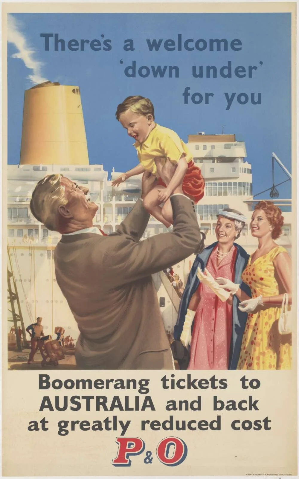 There's a welcome ‘down under' for you boomerang tickets to Australia and back at greatly reduced cost P&O Robert Johnston 1950s