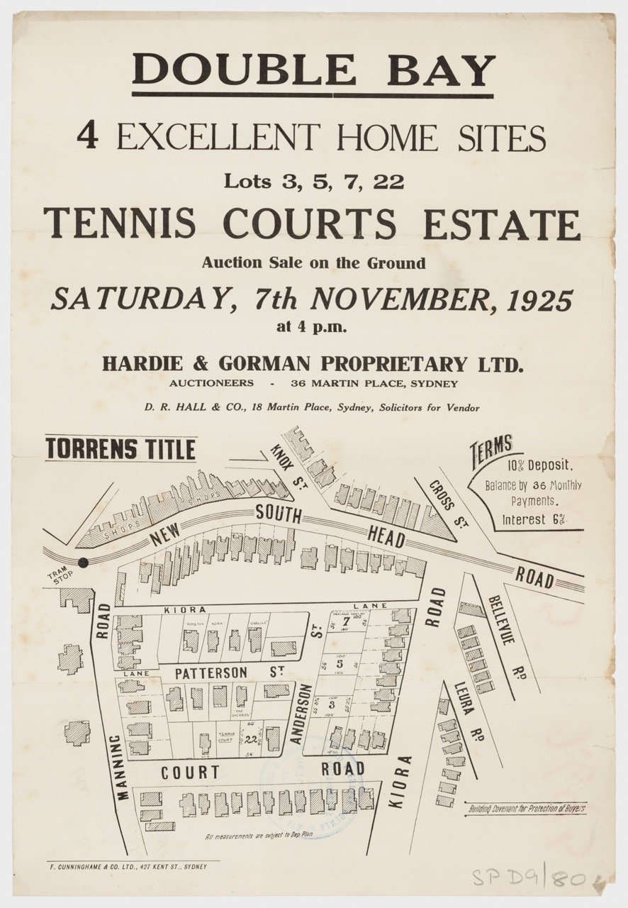 Tennis Courts Estate, Double Bay 1925