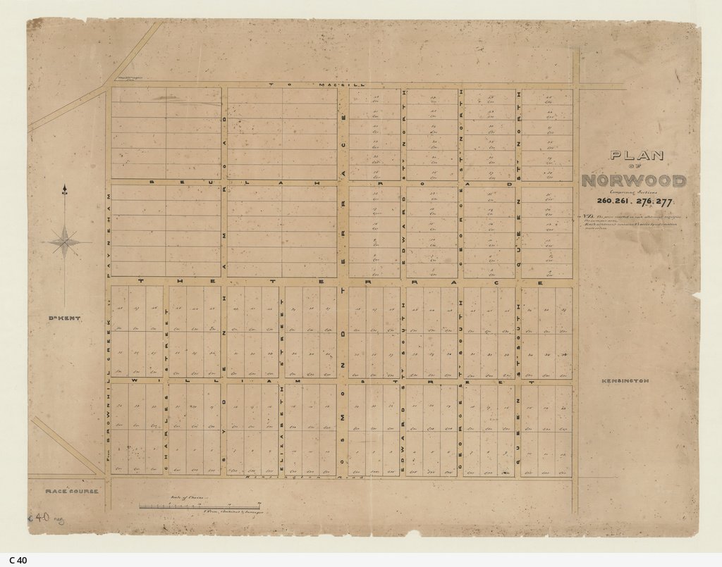 Shows Sections 260, 261, 276 and 277, racecourse and Maid and Magpie Inn, land prices, area bounded by Kensington Road, road to Mac'gill and road from Brownhill Creek to Payneham and Kensington. Coloured, lot number and land price annotations in ink.