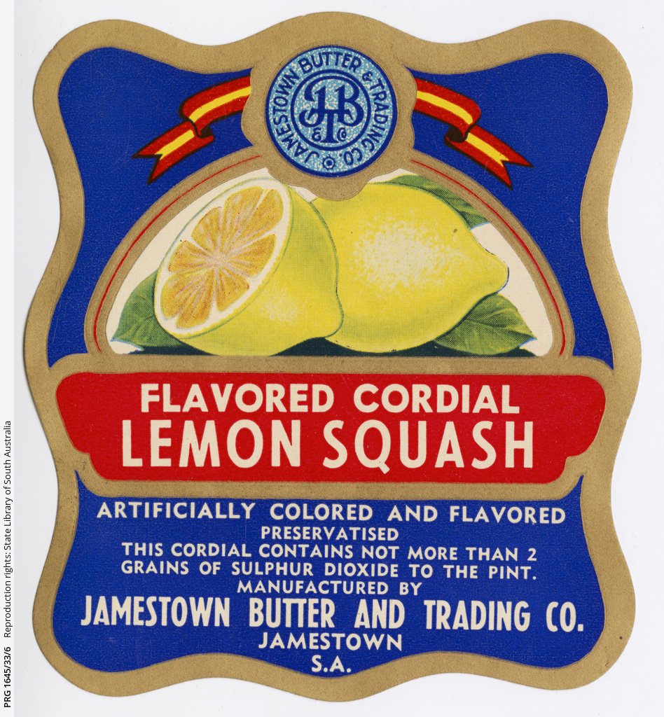 'Flavored cordial, lemon squash' label 1932-46