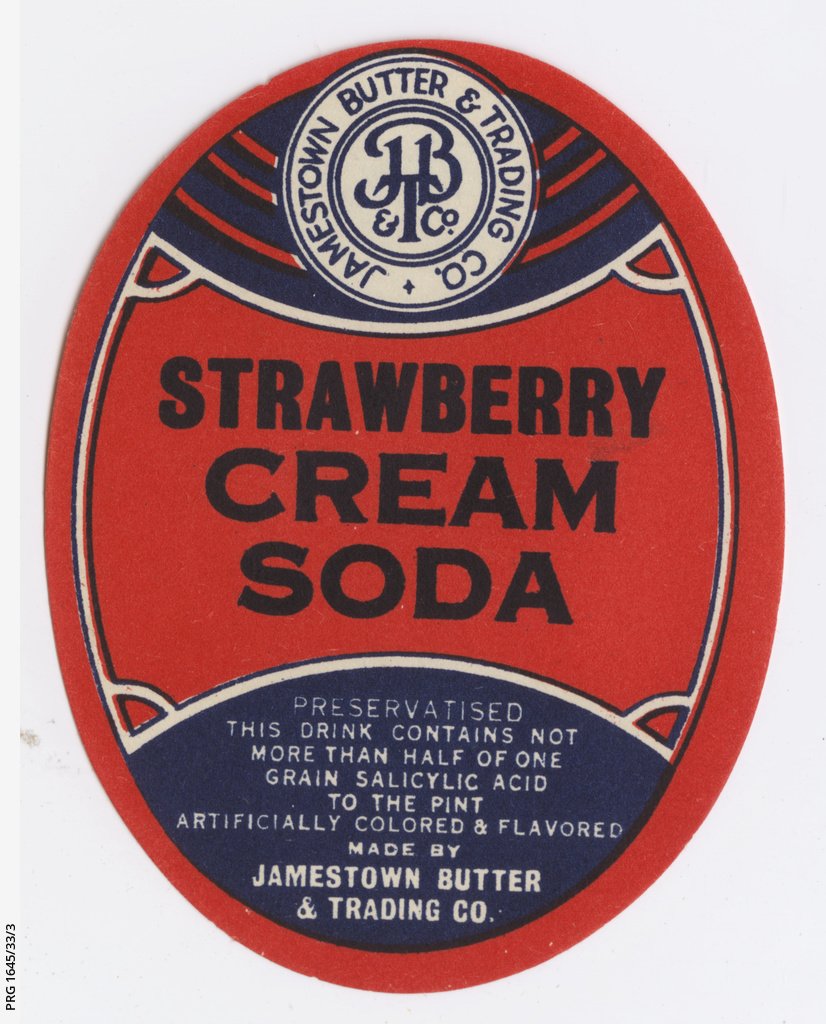 A coloured label for 'Strawberry Cream Soda' manufactured by the Jamestown Butter & Trading Co 1932-46
