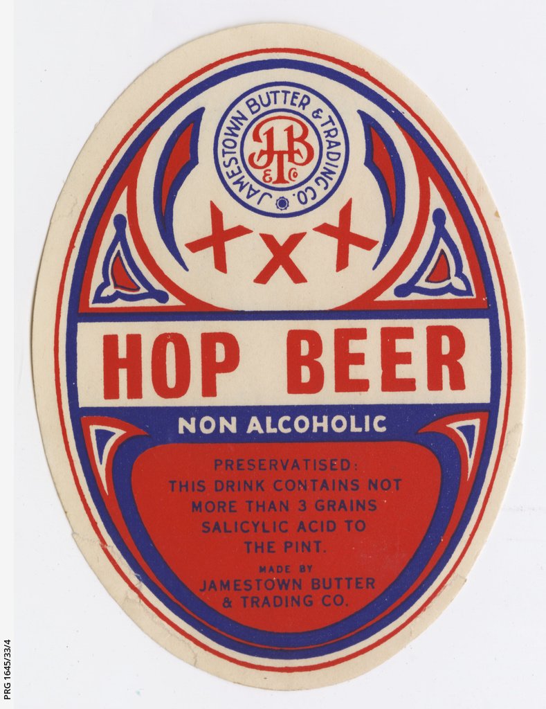 A coloured label for 'XXX Hop Beer, non alcoholic' manufactured by the Jamestown Butter & Trading Co 1902-1932