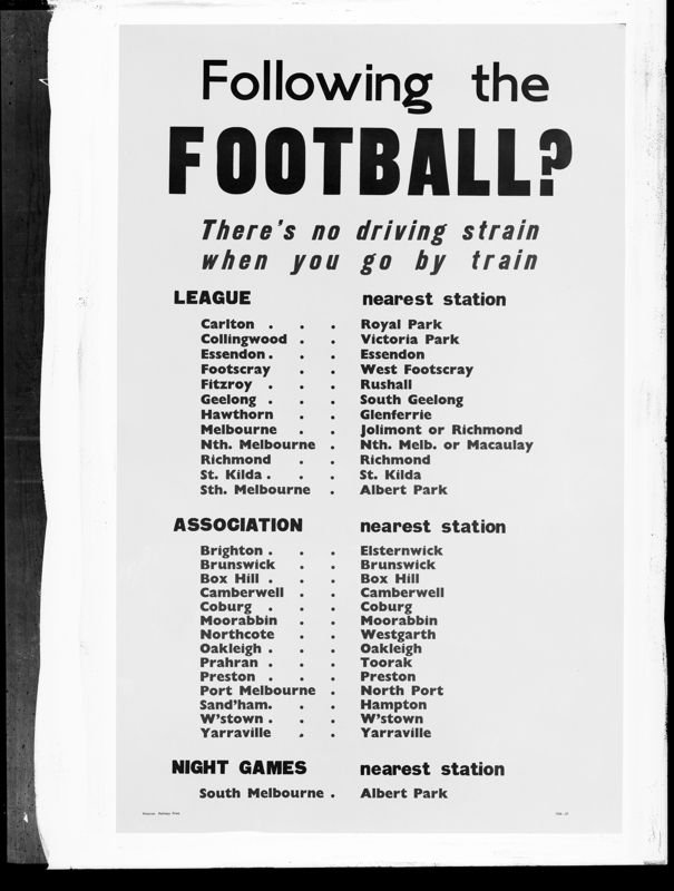 POSTER FOLLOWING THE FOOTBALL THERE IS NO DRIVING STRAIN WHEN YOU GO BY TRAIN 