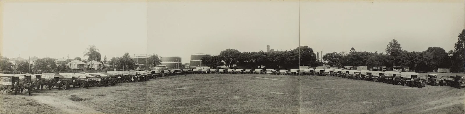 Panoramic photograph of a fleet of delivery vehicles, West End, Brisbane, ca. 1937