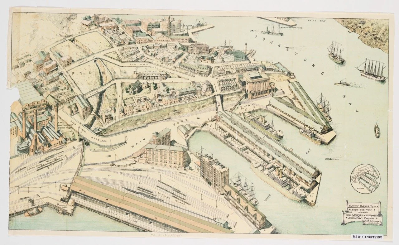 Birds eye view showing new wharves & approaches, Jones Bay, Pyrmont 1924