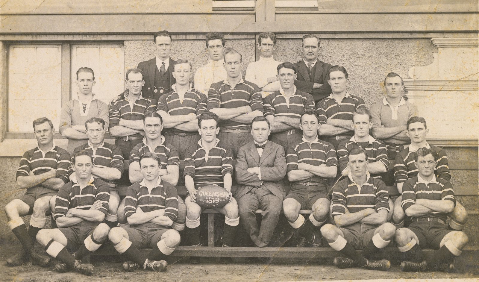 Queensland representative rugby league team in 1919, outside the South Brisbane Town Hall.