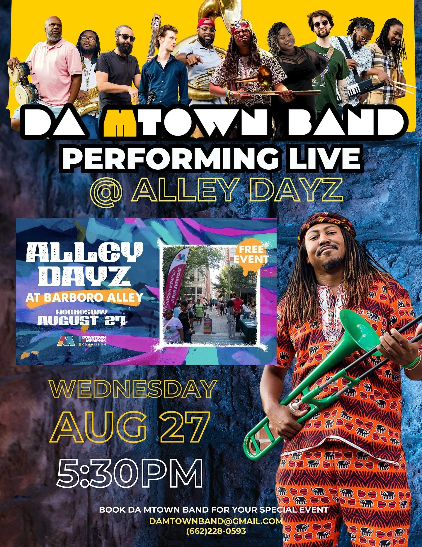 This Wednesday bring your dancing shoes and your dancing partner because Da MTown Band is coming to Alley Dayz in Downtown Memphis.

Free For All Ages
📍Barboro Alley (located between S.Main &amp; 2nd Street)

#MemphisMusic #MemphisMusicians #KeepinI