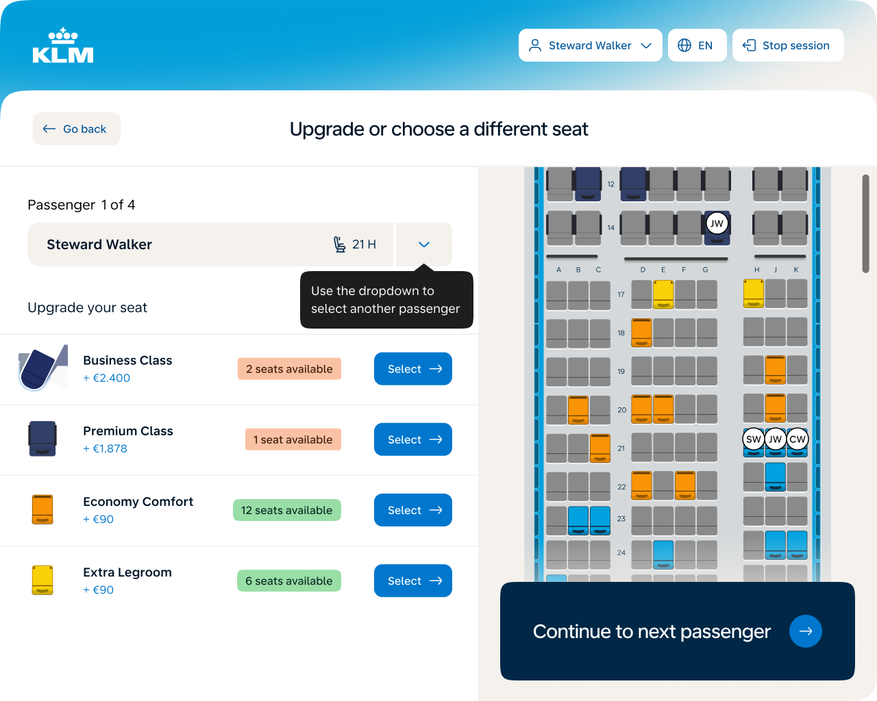 Kiosk seat selection screen combining upgrade options, availability, and pricing in one view, showing Business Class, Premium Class, Economy Comfort, and Extra Legroom alongside the aircraft seat map