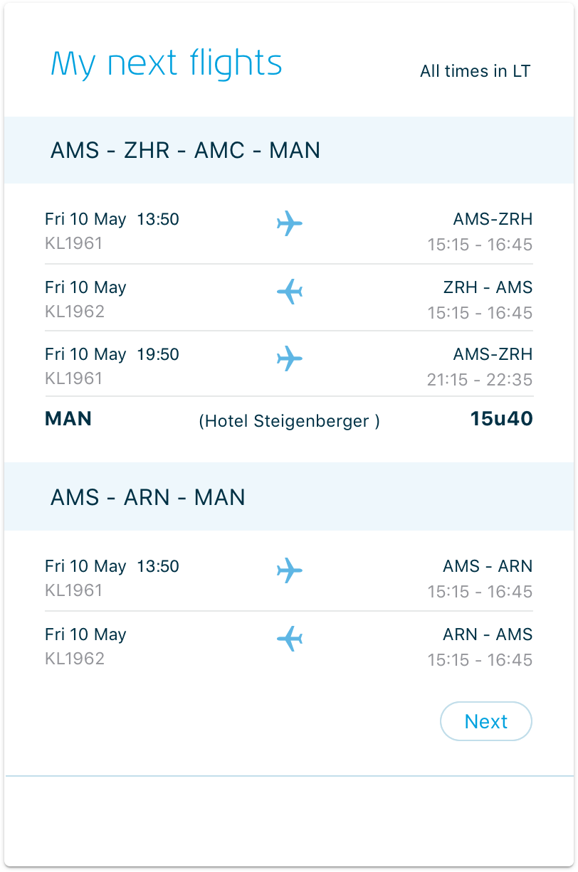 While talking to the cabin attendants, it became clear that their flight schedule is what they live for day by day.  Being able to easily see what flights are coming up and how to manage your private life around this is very important to them. Based…