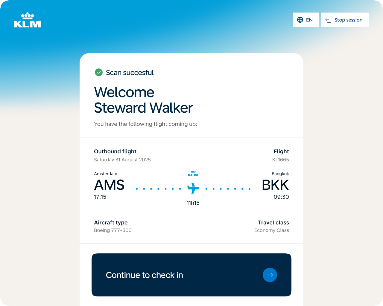 Kiosk identification screen greeting the passenger by name and displaying their upcoming flight details from Amsterdam to Hong Kong