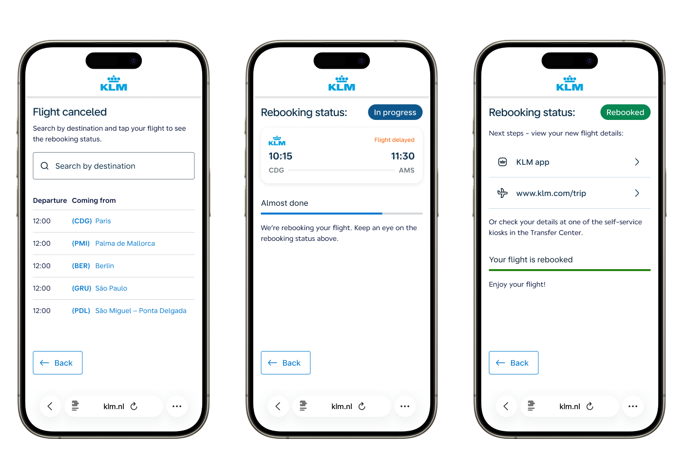 Three states of the mobile rebooking status page: flight cancelled with search, rebooking in progress, and successfully rebooked with next steps