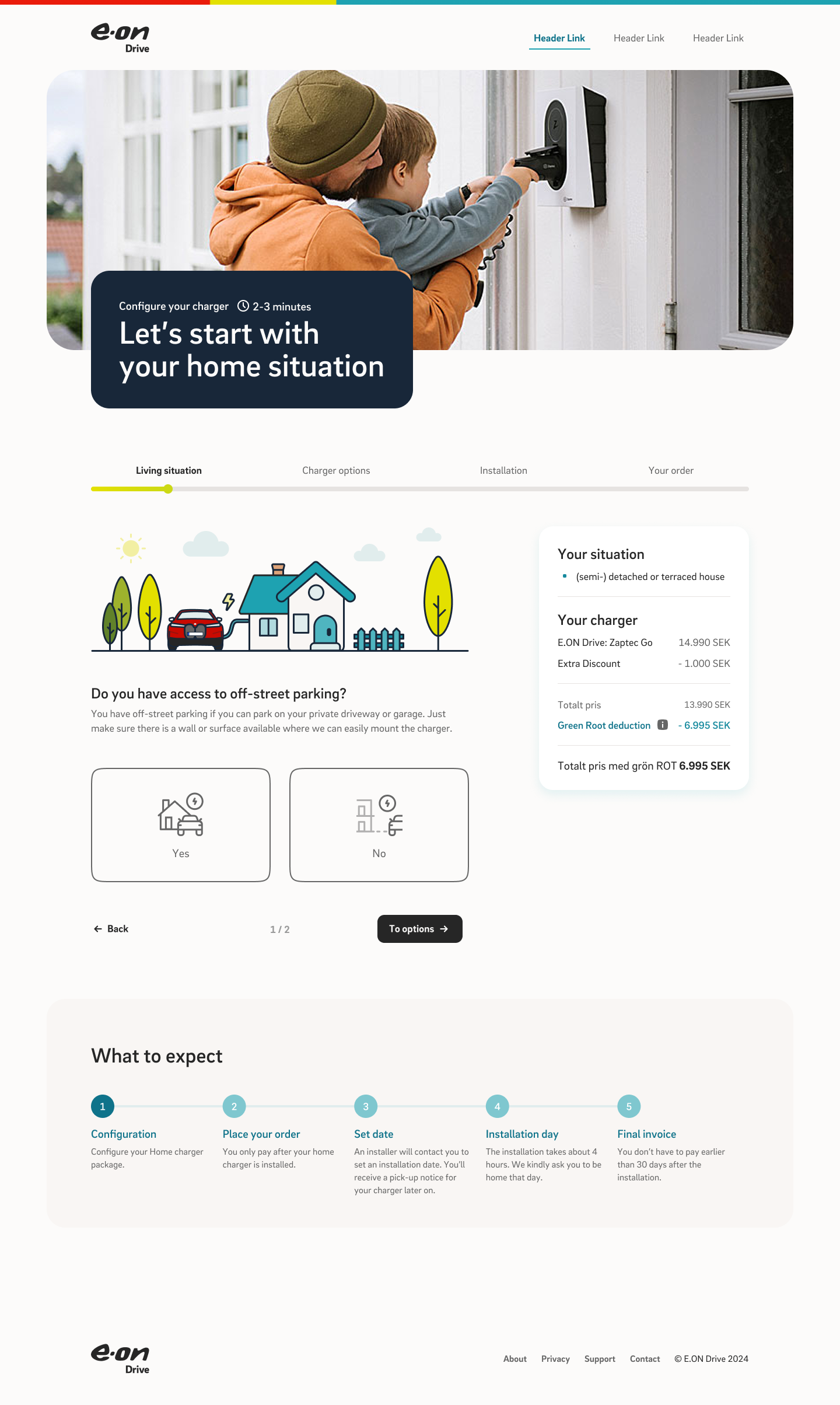 E.ON Drive guided product selection, step one: eligibility check establishing whether a home charging solution is feasible for the customer's situation