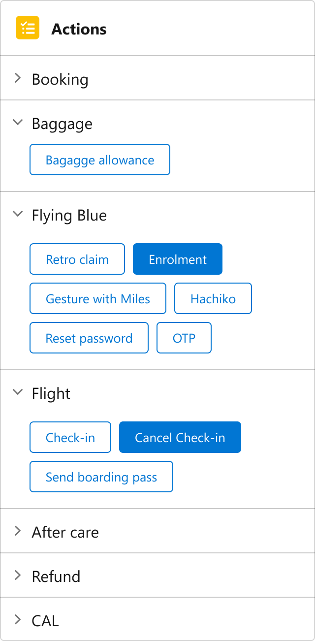 CSC360 contextual actions component with categorised quick actions for booking, baggage, Flying Blue, and flight operations, highlighting the most probable tasks based on case context