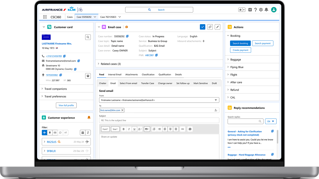 CSC360 unified customer care console displayed on a laptop, showing the consolidated Salesforce environment