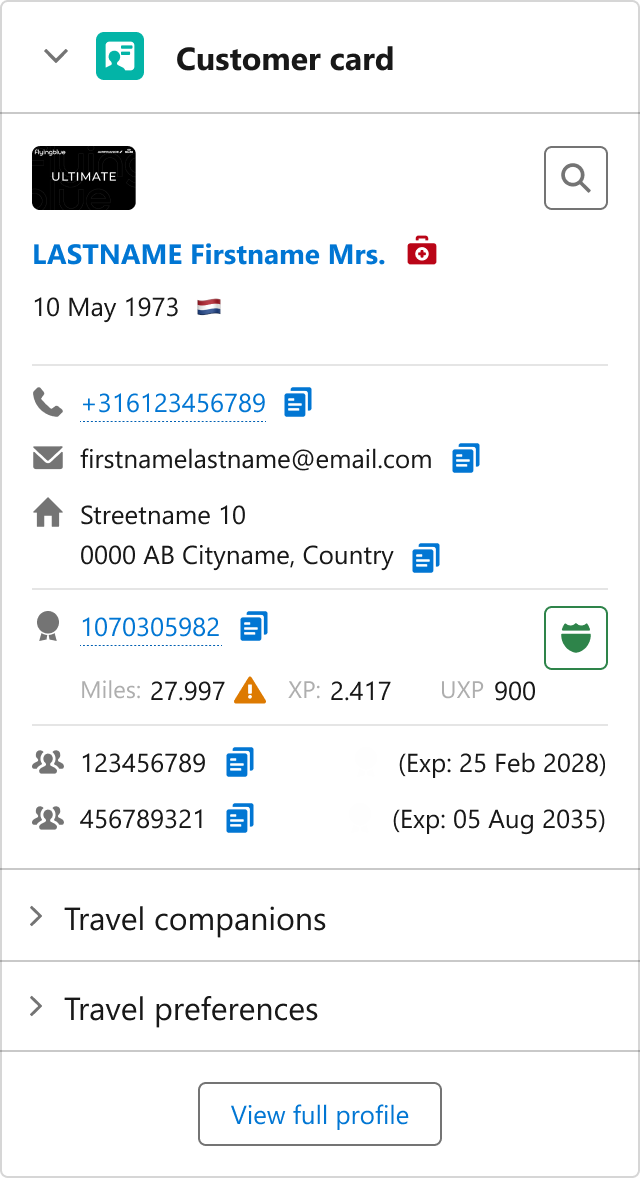 CSC360 customer card component showing passenger identity, contact details, Flying Blue status, miles balance, and travel companions