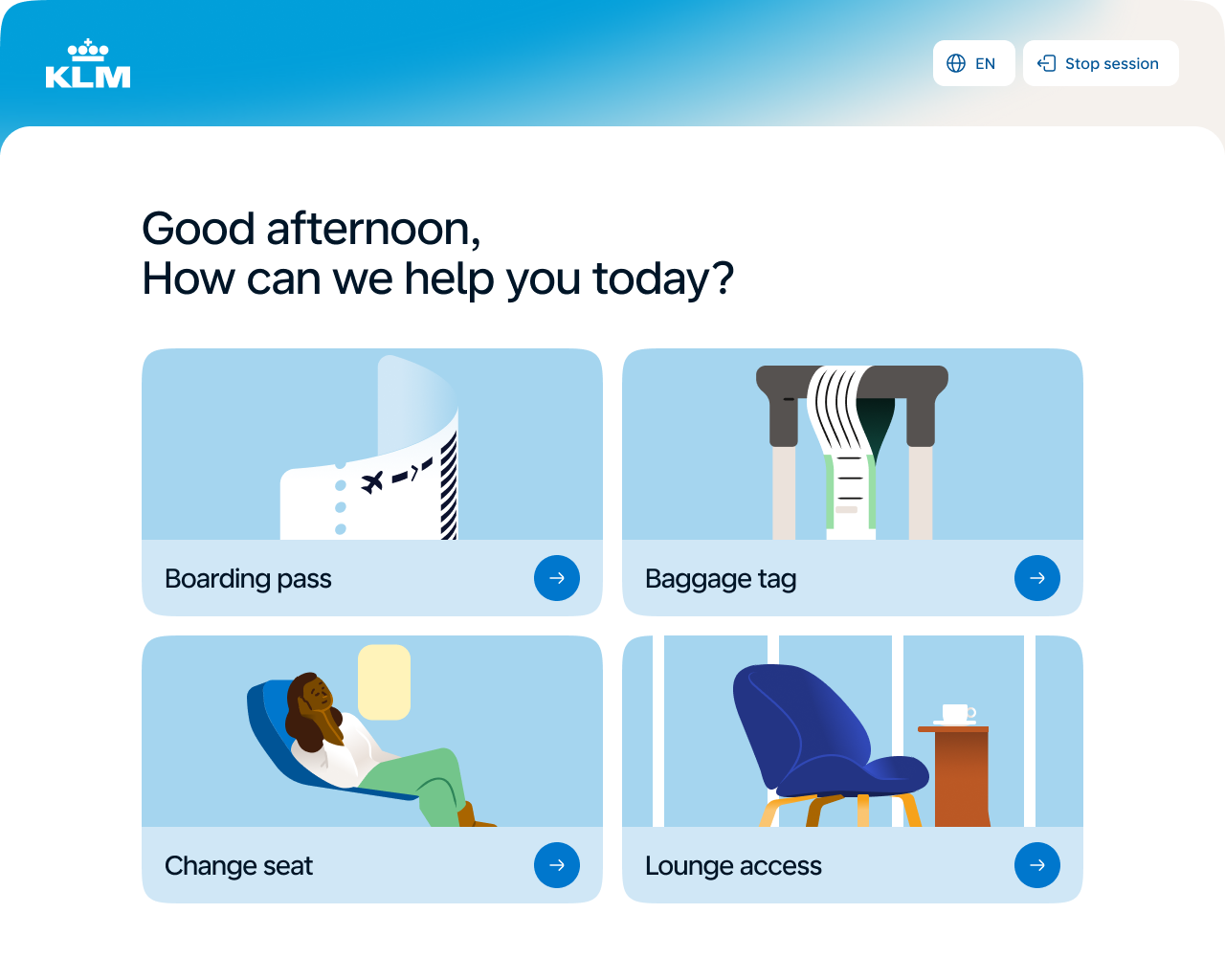 Redesigned kiosk welcome screen showing the greeting "Good afternoon, How can we help you today?" with options for boarding pass, baggage tag, change seat, and lounge access