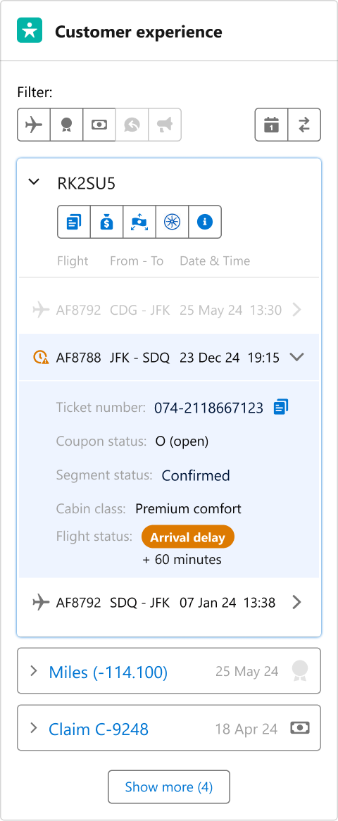 CSC360 customer experience component showing a passenger's flight history with inline access to ticket details, flight status, and booking information